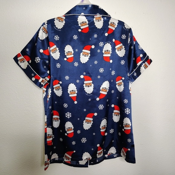 NWOT Ekouaer Navy Blue Santa Claus Print Satin Pajama Set Blouse & Shorts Sz S - Picture 9 of 15